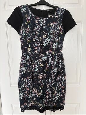Club Monaco Black Multicolor Short Sleeve Printed Midi Dress